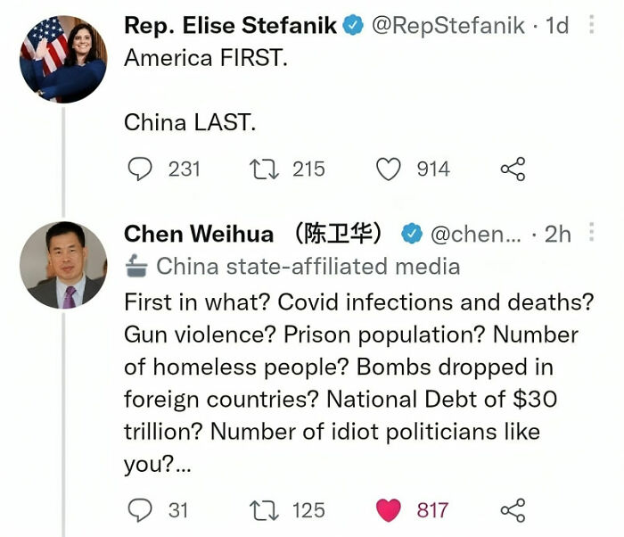 Twitter exchange showing a political facepalm moment with comments on America’s social and economic issues.