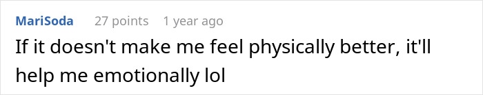 User comment about French fries and Diet Coke helping with migraine relief in a casual online discussion.