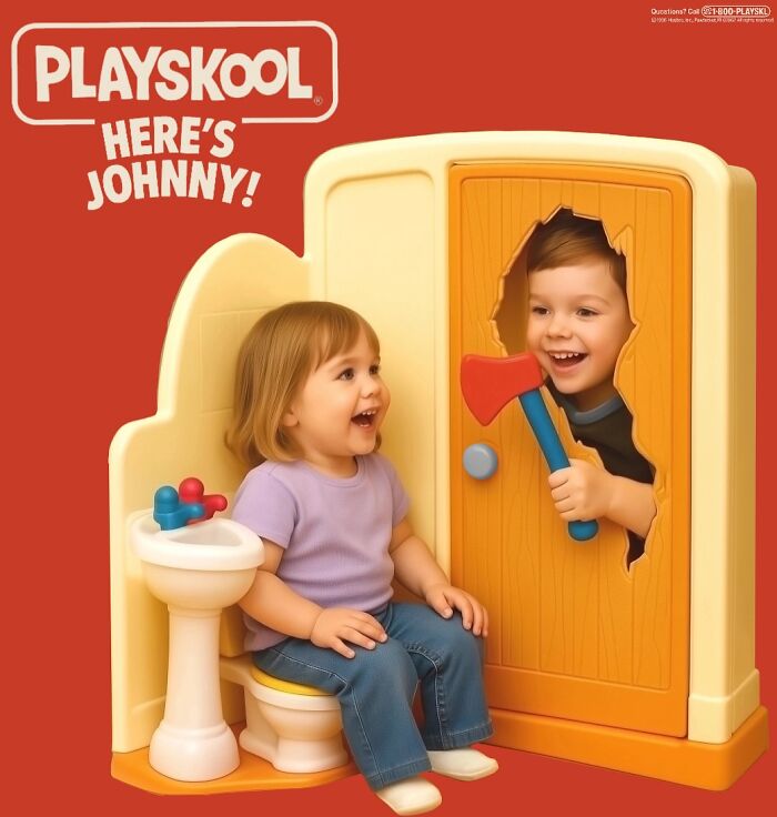 Hilariously dark toys recreated with children playing in a disturbing twist on classic Playskool Here’s Johnny toy.