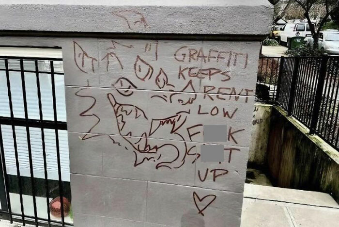 Graffiti of a snarling face on a concrete wall with a message, capturing the edgy vibe typical in Random Gen-Z memes.