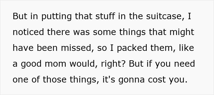 Text excerpt showing a mom explaining how she packed missed items for a petty revenge and makes her family pack for themselves.