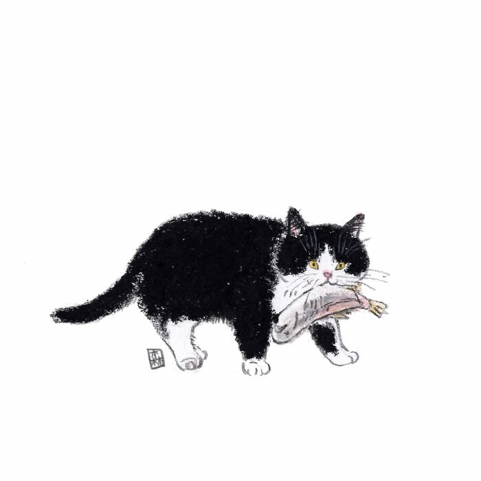 Black and white cat holding a fish in its mouth in adorable artwork for cat lovers by Korean artist.
