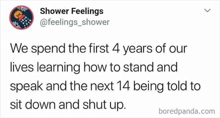 Text post from Shower Feelings about thoughts to occupy your brain while showering, reflecting on early childhood learning phases.