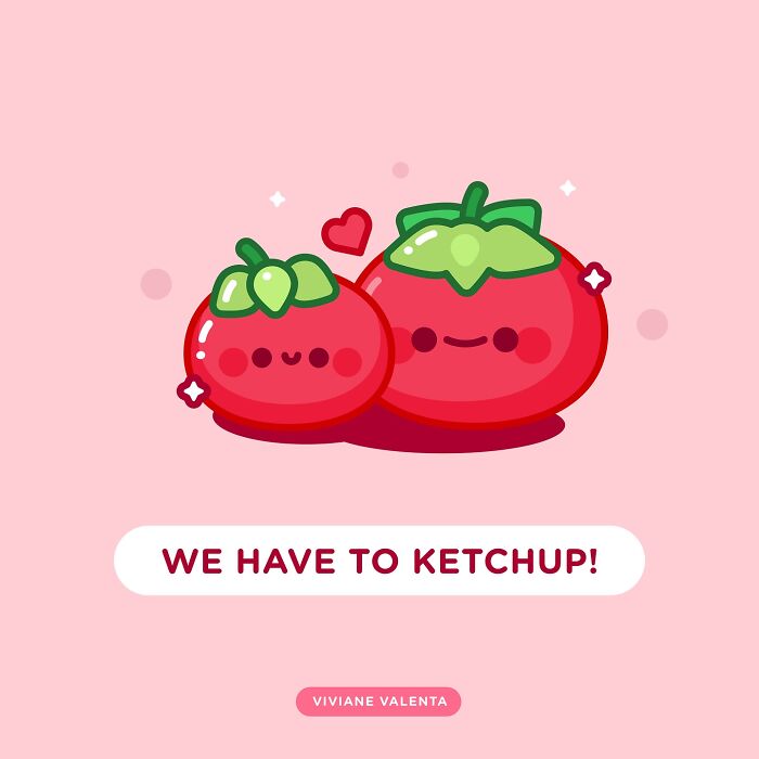 Cute food pun illustration featuring two smiling tomatoes with a heart, showcasing relatable food puns and cute frogs.
