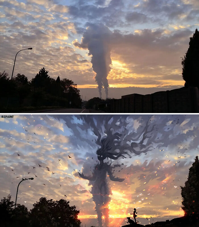 Sunset sky transformed by artist into a fantastical world with a giant smoky figure, showcasing another reality through repainting photos.