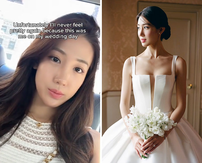 Side-by-side images of a woman showing glow downs trend with casual and wedding day looks.