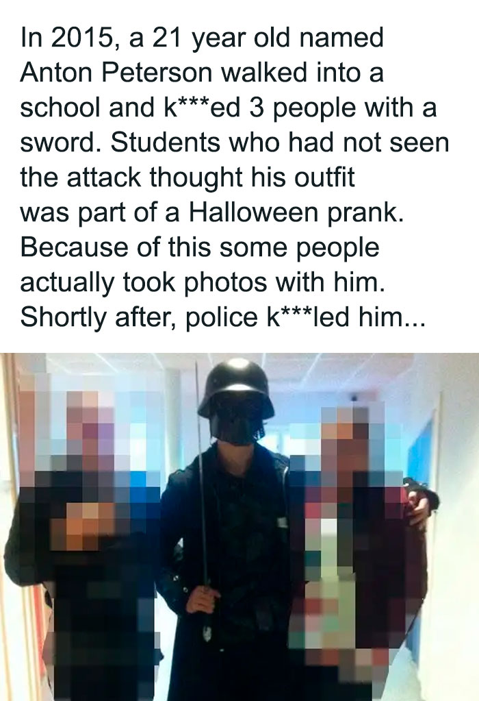 Man dressed in black holding sword posing with blurred people in hallway, illustrating disturbing and unsettling events.
