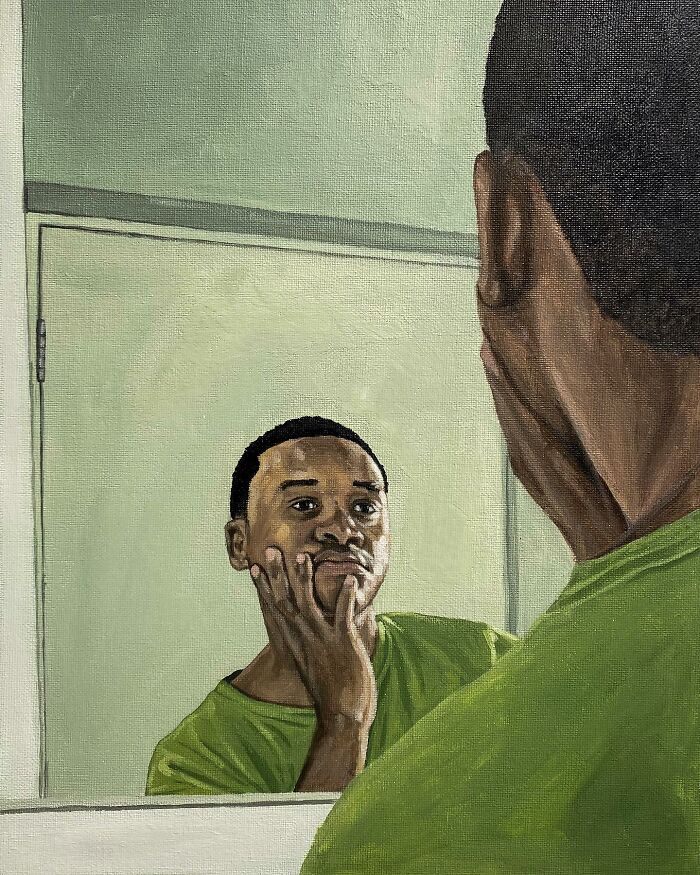 A painting capturing self-reflection exploring colours, space, and identity with a man in a green shirt looking in the mirror.