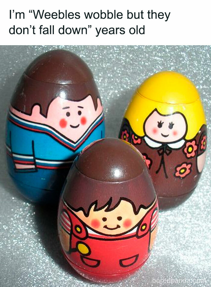 Vintage Weebles toys with smiling faces representing 80s nostalgia from a popular Instagram account celebrating the good old 80s.