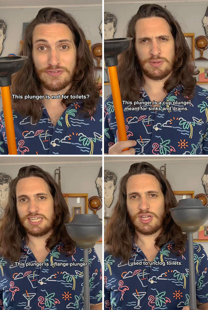 Man in patterned shirt explaining different types of plungers for sinks and toilets in a home setting, sharing useful knowledge.