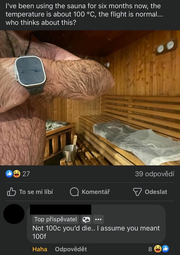 Man in sauna with smartwatch, sharing incorrect temperature info and facing online group shaming for overconfident corrections.