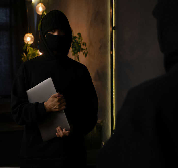 Person in dark hoodie and mask holding laptop indoors, illustrating weird habit related to being raised poor.