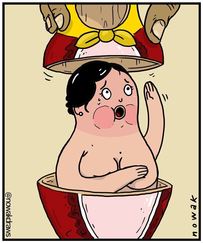 Cartoon of a surprised woman inside a nesting doll, illustrating absurdity in comics by an artist with peculiar humor.