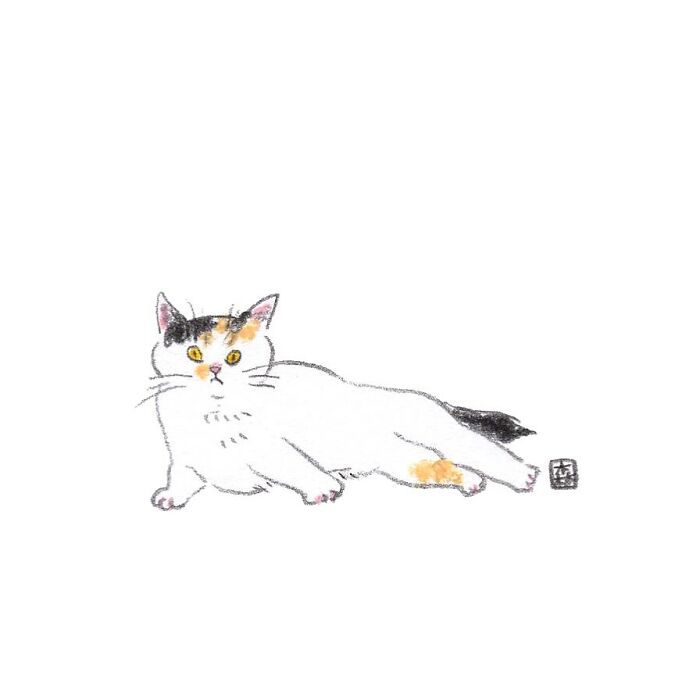 Minimalist adorable artwork of a calico cat lying down, charmingly drawn for cat lovers by a Korean artist.