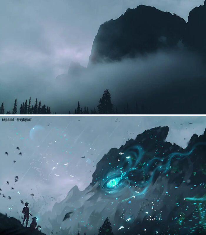 Dark mountain landscape transformed with fantasy art, revealing a glowing eye and mystical creatures in another reality.