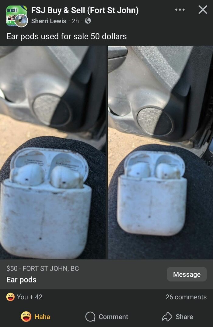 Dirty used AirPods listed for sale on Facebook Marketplace, showing wear and grime on the charging case and earbuds.