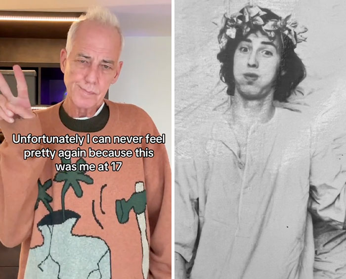 Older man in sweater showing peace sign next to a black and white photo of his younger self for glow downs trend.