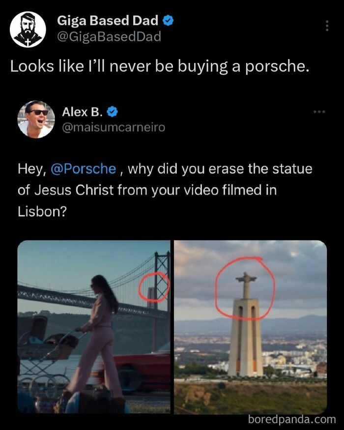 Screenshot of a social media post showing a hot take about a Porsche video allegedly erasing a statue in Lisbon.