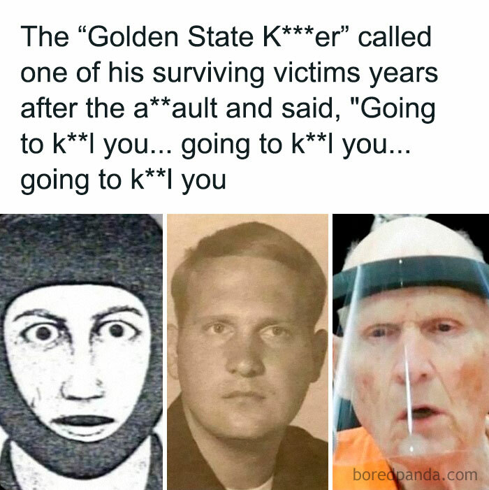 Mugshots and sketches of the Golden State Killer with a chilling quote illustrating disturbing and unsettling events.