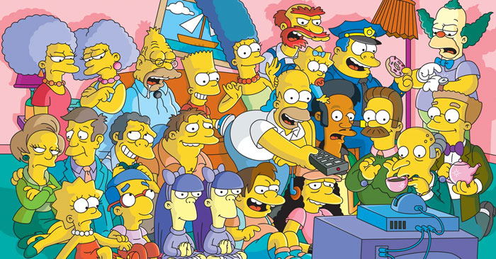 The Simpsons family and friends gathered in living room, illustrating weird parent rules from childhood memories.