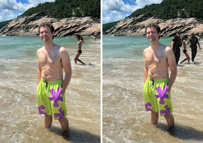 Man standing in shallow ocean water at a beach edited with hilarious Photoshop effects by an artist taking requests literally