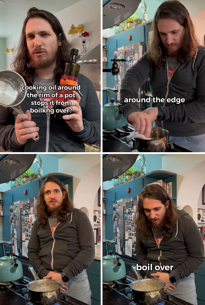 Man in kitchen demonstrating cooking oil tips to prevent pot boil over in casual home setting with appliances and plants visible