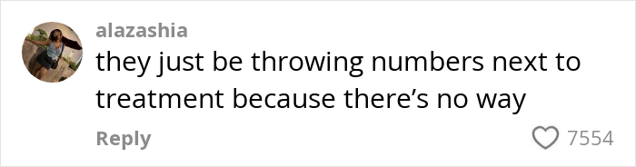 Comment on social media expressing disbelief about medical treatment costs, with 7554 likes shown.