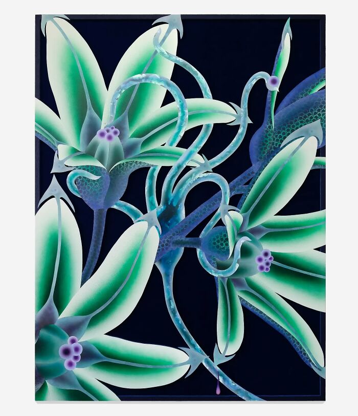 Glowing gardens artwork featuring vibrant green and blue flowers with tentacle-like stems against a dark background.