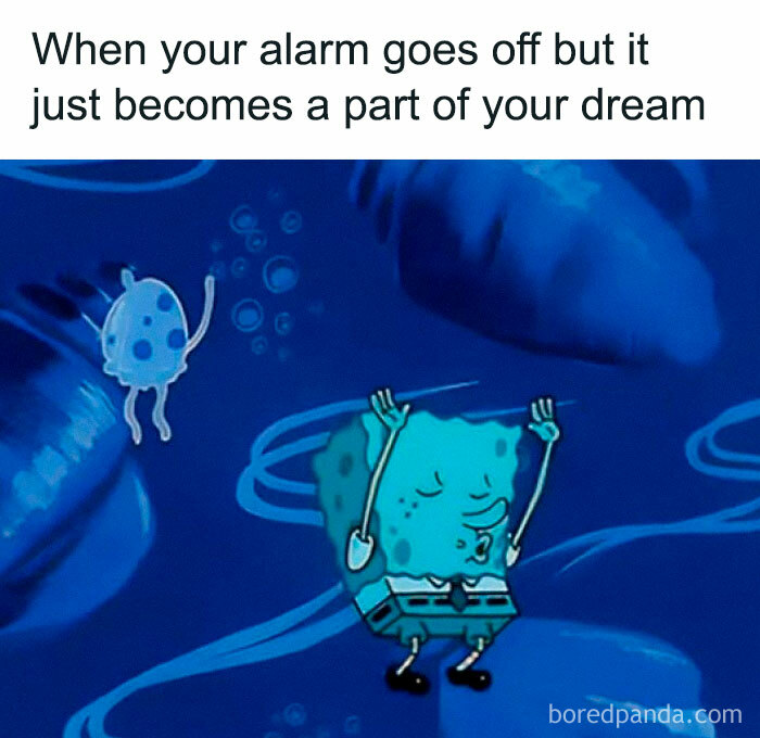 Cartoon character underwater with text about alarm turning into part of your dream, humorous meme from Facebook page.