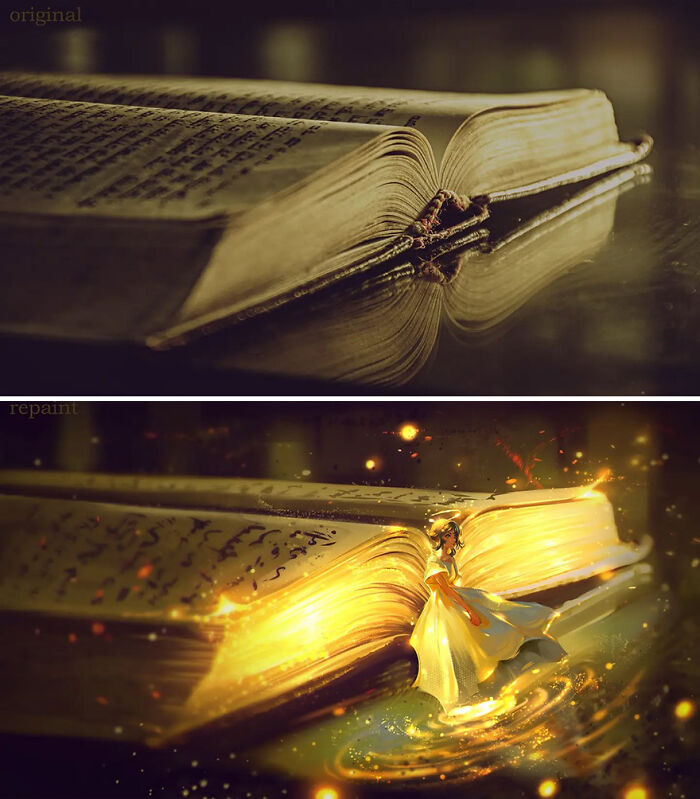 Open old book with glowing pages and a small fantasy figure stepping out, showcasing artist's fantastical worlds repainting photos.