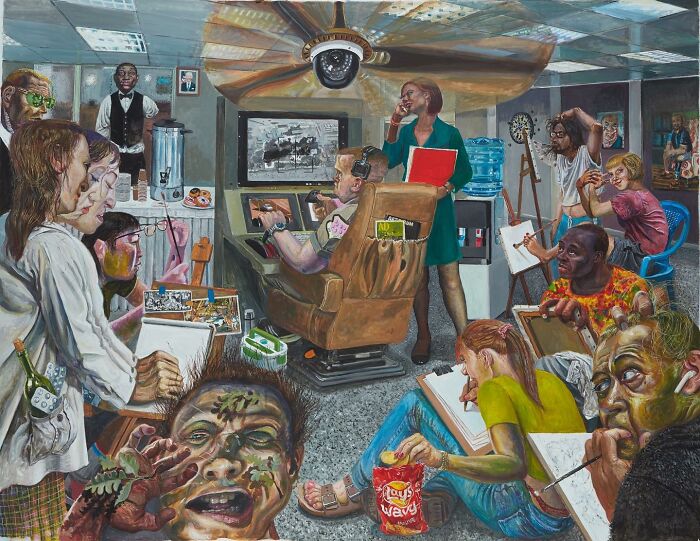Illustration showing humorous layers and social tensions with diverse people in a crowded, chaotic indoor scene.