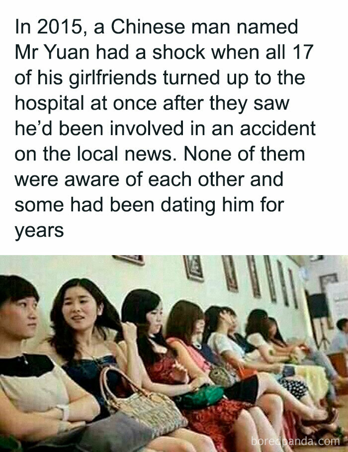 Seventeen girlfriends unaware of each other waiting in a hospital, illustrating disturbing and unsettling events that actually happened.