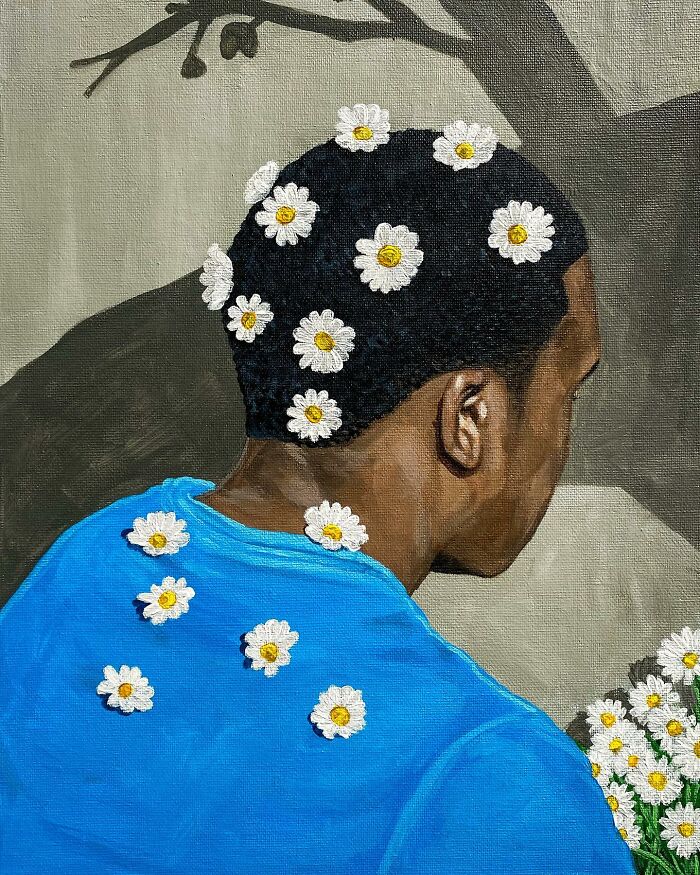 Painting of a person with daisies on hair and shirt, exploring colours, space, and identity in contemporary art style.