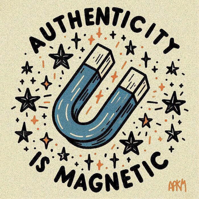Illustration showing a horseshoe magnet surrounded by stars with the phrase authenticity is magnetic, art therapy concept.