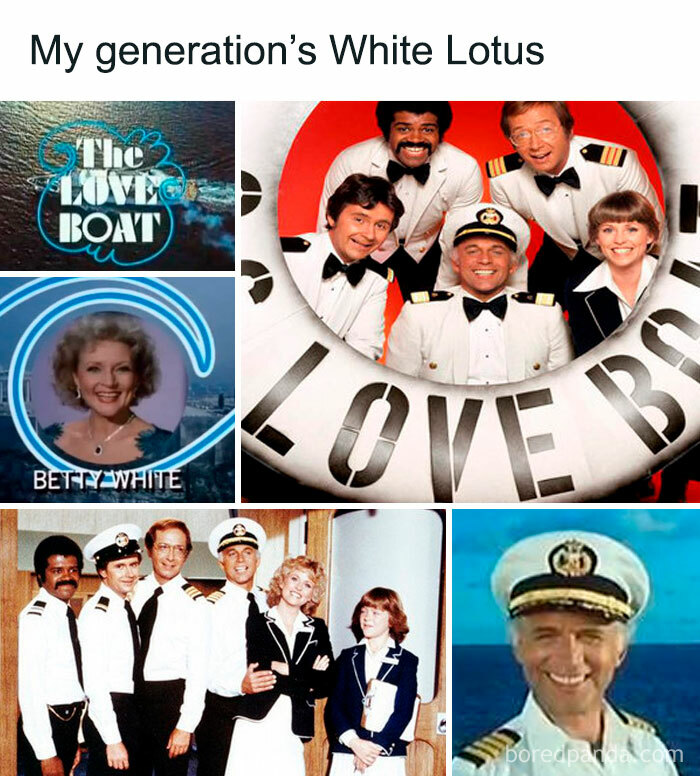 Collage of The Love Boat TV show cast celebrating good old '80s nostalgia on a vintage Instagram account.