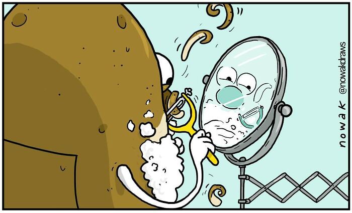 Cartoon of an artist with peculiar sense of humor shaving a potato face reflected in a mirror, full of absurdity.