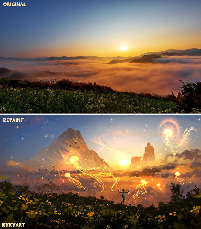 Repainted photo reveals fantastical worlds with glowing creatures and vibrant landscapes, showcasing another reality by the artist.