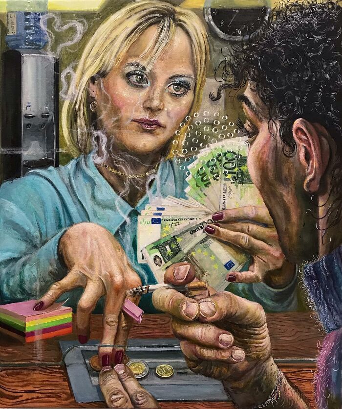A detailed painting illustrating social tensions with humor, featuring hands exchanging money and cigarettes in a tense scene.