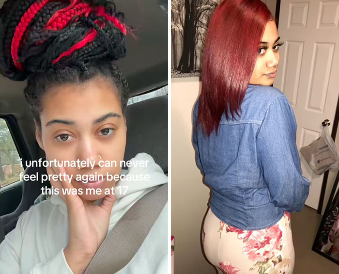 Side-by-side photos showing a young woman with braided red hair and another woman with straight red hair sharing glow downs trend.