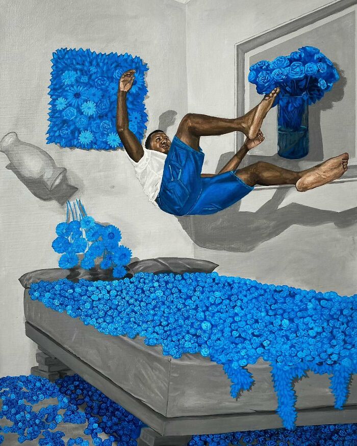 Man floating above a bed overflowing with blue flowers, showcasing vivid use of colours and space in a contemporary painting.