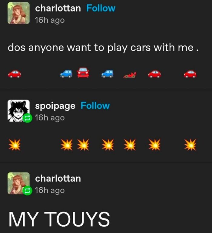 Chat conversation with playful car emojis and explosions, showcasing chaotic memes for when life gets boring.