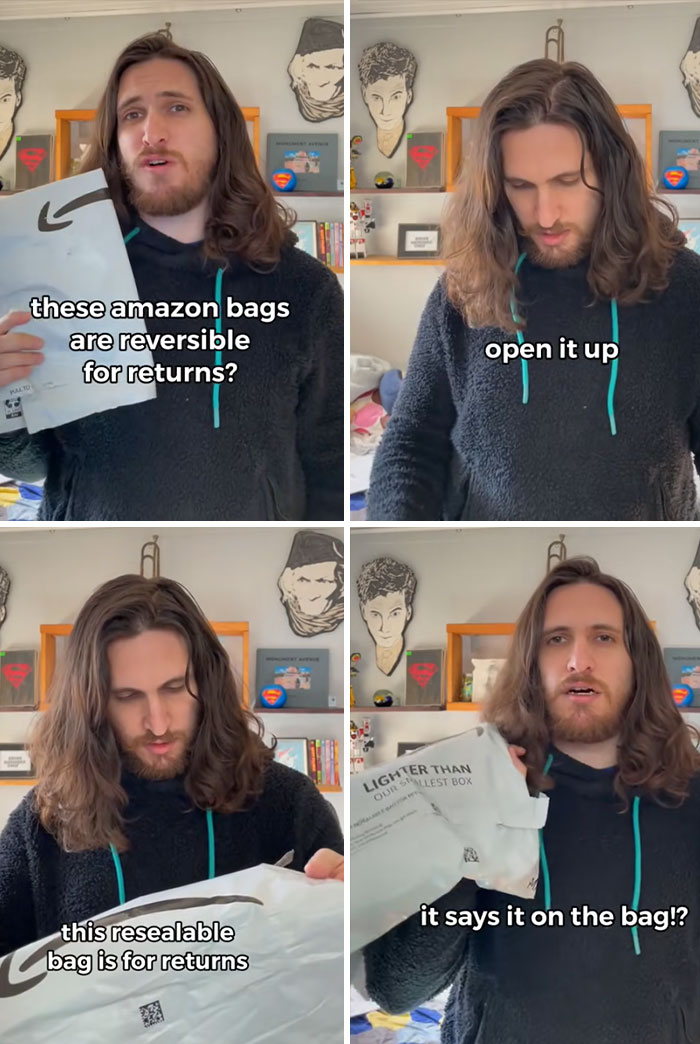 Man with long hair demonstrates reversible Amazon bags for returns in a casual indoor setting with wall art and books.