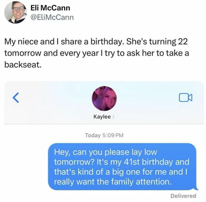 British people humor post showing a birthday text exchange with funny family attention request conversation.
