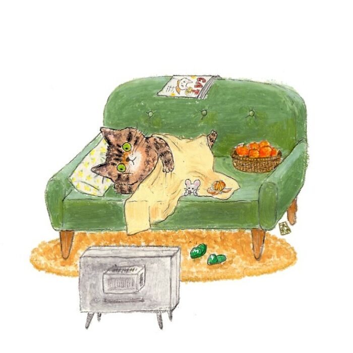 Adorable artwork for cat lovers showing a cozy cat lying on a green sofa with a mouse and basket of oranges.