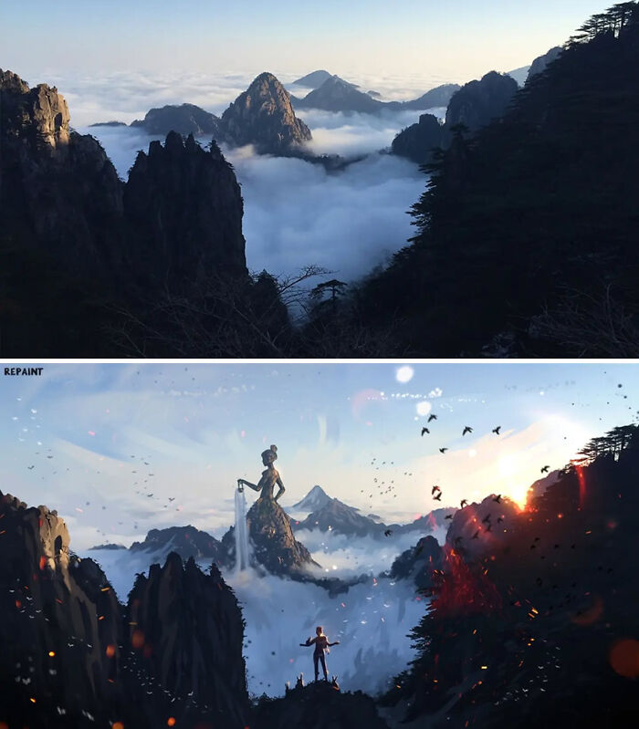Mountain landscape transformed into a fantastical world by an artist repainting photos to reveal another reality.