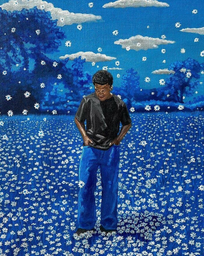 Man standing in a blue floral field under a sky with clouds, showcasing vibrant colours and space in a painting style.