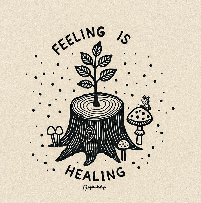 Black and white drawing of a tree stump with new leaves and mushrooms symbolizing art therapy and healing feelings.