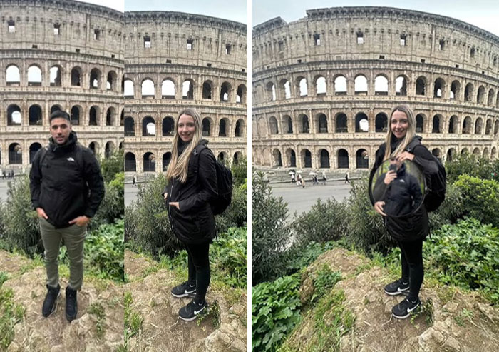 Two photos of tourists at the Colosseum with a hilarious Photoshop edit showing a woman carrying a tiny person inside her jacket.