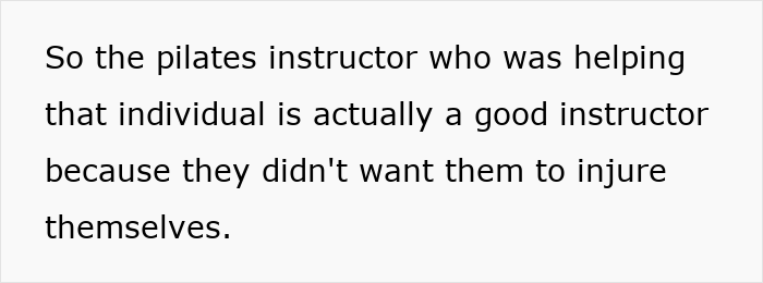 Text on a white background explaining that the Pilates instructor aimed to prevent injury while helping a person.