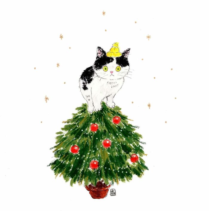 Adorable artwork for cat lovers showing a black and white cat wearing a yellow hat on top of a decorated Christmas tree.
